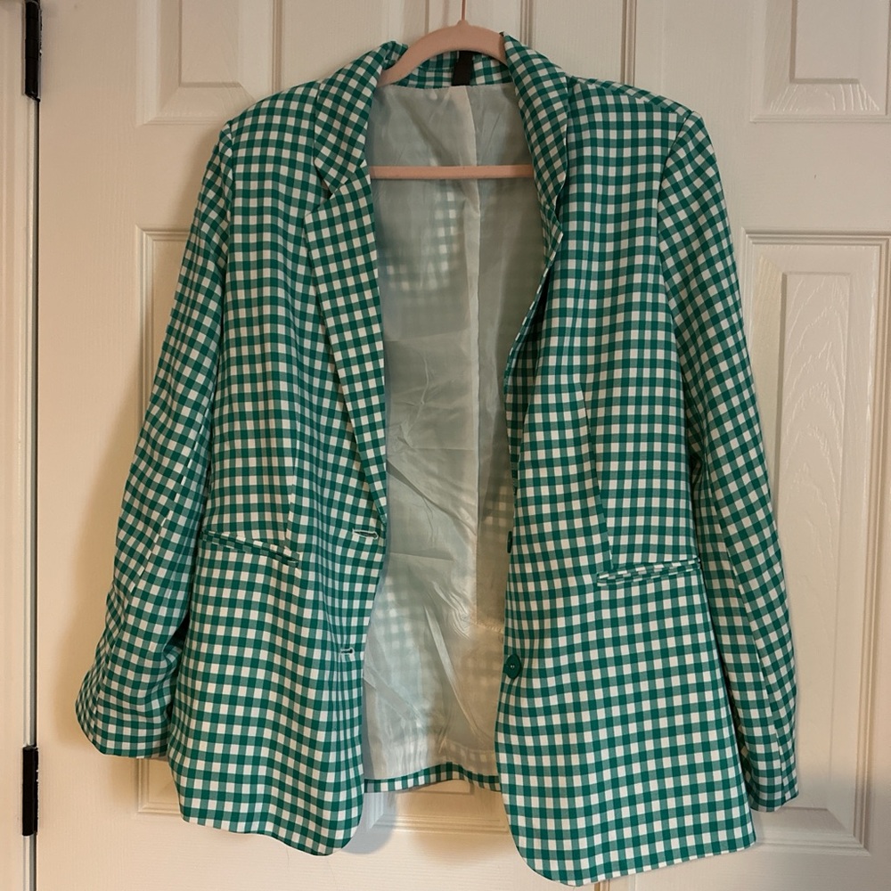 Francesca's Collections Green Gingham Blazer